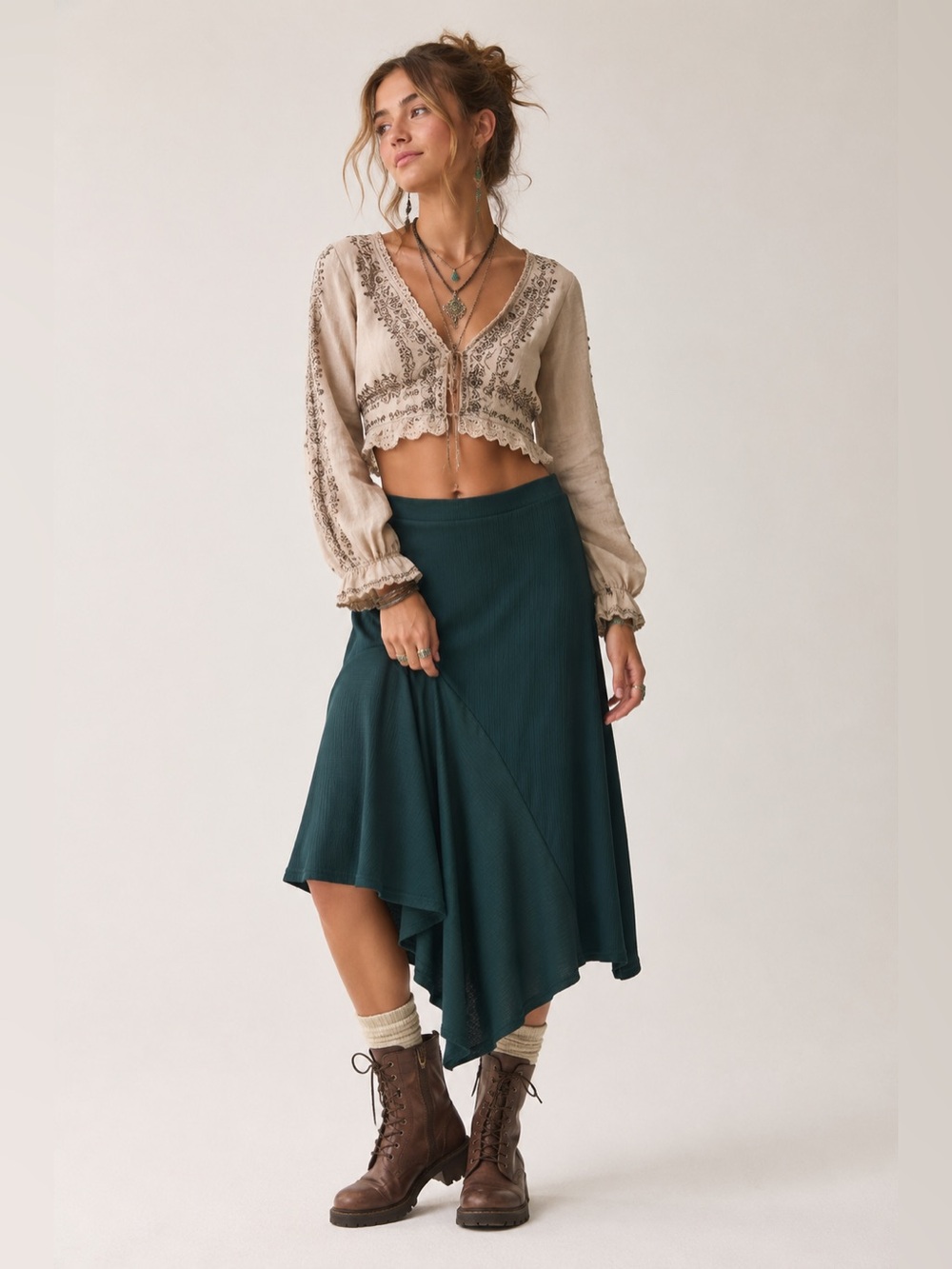 Bob Mackie Boutique Dark Green Ribbed Asymmetrical Midi Skirt Pull-On Flowy L
